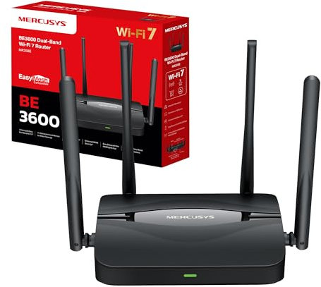 Mercusys Wi-Fi 7 Router MR25BE, Dual-Band WLAN 3570 Mbps, 4 × Gigabit-Port, VPN, MLO, 160 MHz-Kanal, WPS-Taste, Keine Unterstützung für DSL-Verbindung, Schwarz