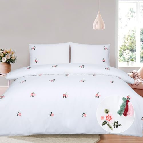 Pink Floral Duvet Cover Set Double Bed Embroidered Flowers Girls Bedroom