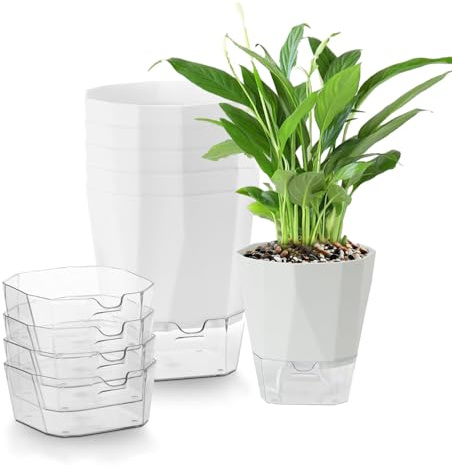Flower Pots, 6 Piece Self Watering Plant Pots, 12.5cm Plastic Plant Pot with Visual Water Level Window Planter for Garden Plants for Plants for House Garden Window Sill (White)