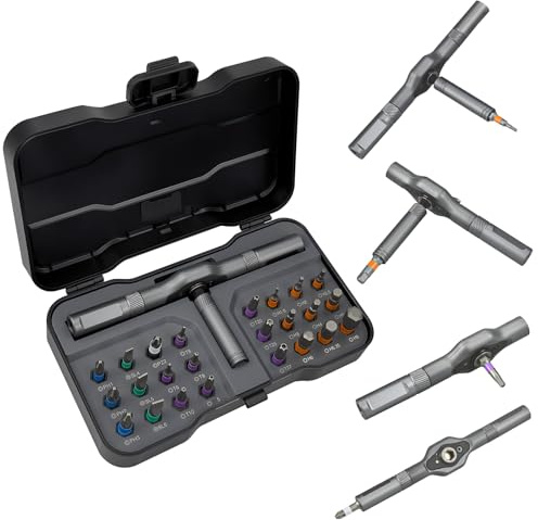 Ratschenschraubendreher Set 24 in 1 Magnetisch Mini Ratschen Schraubendreher Set mit S2 Bits,Abnehmbarer T-Ratschengriff, Geeignet für Möbelmontage, Präzisions-Elektrogerätereparatur, Fahrradwerkzeuge