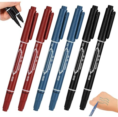 6 marcadores de tatuaje para piel 5.4 pluma de henna de doble cabeza con punta gruesa y fina marcadores de piel portátiles para tatuajes, rojo + negro + azul - pluma de tatuaje