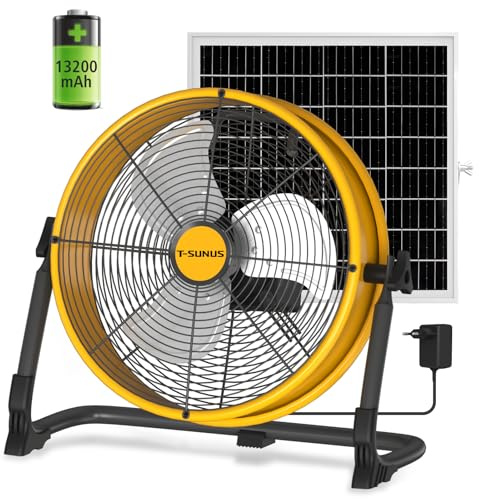 T-SUNUS Bodenventilator mit Solarpanel, Standventilator Windmaschine Metall Leise mit Typ C und USB Wiederaufladbar, Stufenlose Geschwindigkeiten, hoher Luftdurchsatz, Neigungswinkel, Ø 30cm