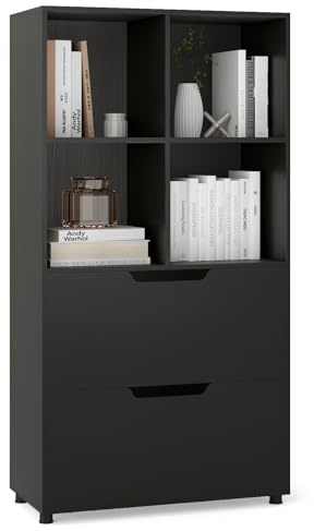 COSTWAY 130cm/188cm Tall Bookcase, Wooden Cube Bookshelf Storage Cabinet with 4 Open Shelves & 2 Drawers, Modern Freestanding Cupboard Display Organizer Unit for Home Office (Black, 70 x 34 x 130cm)