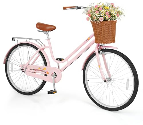 GYMAX Beach Cruiser Bike for Adults, 24/26 Inch Commuter Bicycle for Women with Rattan Basket, Ergonomic Low Step-Through Frame, Rear Rack & Adjustable Seat, City Bike Cruiser Bicycle (26 inch,Pink)