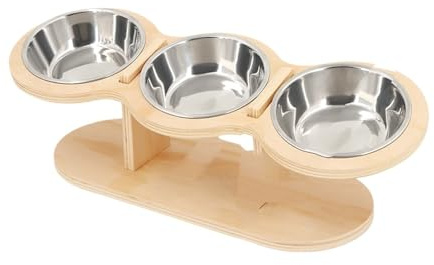 Générique Gamelle surélevée inclinable for Chat, Trois Compartiments, en Bois, avec Support et 3 gamelles Acier Inoxydable