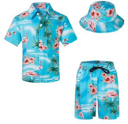 SPKPKEY Ensemble chemise hawaïenne boutonnée à manches courtes et short avec chapeau cloche pour garçon