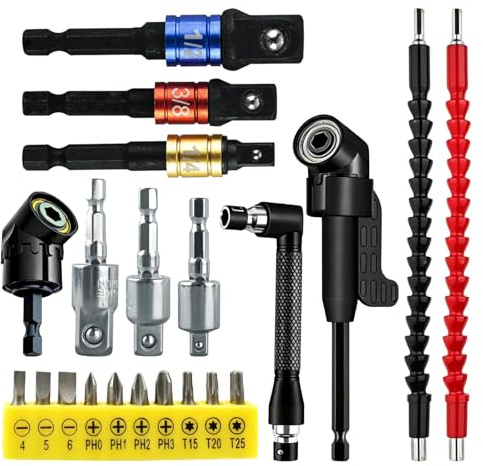 21 Pièces Renvoi D'Angle Visseuse kit, Rallonge Visseuse, Renvoi D'Angle Perceuse, 105° Tournevis Flexible, 1/4 Embout, Extension de Foret Flexible pour Perceuse ou Tournevis Adaptat