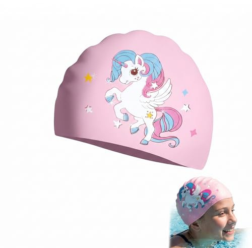 ITCGOB Bonnet de Bain Enfant en Silicone avec Motif Licorne Rose et Blanc, Bonnet de Piscine Imperméable et Antidérapant pour Filles, Haute Élasticité pour Cheveux Longs et Courts