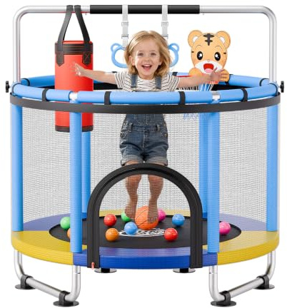 VEVOR Trampoline pour Enfants 150 cm Mini-Trampoline Charge jusqu'à 60 kg, pour Tout-Petits Intérieur Extérieur, Stable, avec Filet de Sécurité, Barre de Gymnastique Réglable et Accessoires de Jeu