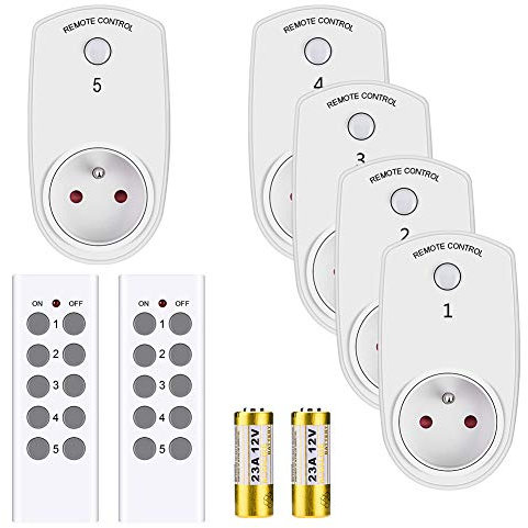 DEWIN Prise de Courant, Prise de Courant 5Pcs Interrupteur de Prise Murale de Contrôle sans Fil Intelligent Prise de Courant Prise UE avec 2 Télécommande