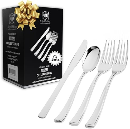 Perfect Settings 300-PCS Silver Plastic Utensils Set – Heavy-Duty Elegant Disposable Silverware | Polished Finish Cutlery Forks, Spoons & Knives for Weddings, Holidays, Parties & Catering