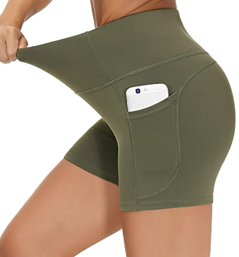 THE GYM PEOPLE Radlerhose Damen Sport Hohe Taille Kurze Leggings Sporthose Blickdicht Laufhose Fitness Workout Yoga Shorts mit Tief Taschen,Olive Green,M