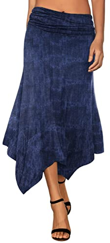 DJT Women's Flowy Handkerchief Hemline Midi Skirt Small Denim Print