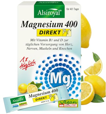Alsiroyal Magnesium 400 DIREKT Zitrone - Magnesium Komplex mit Vitamin B1 & D3 zur täglichen Versorgung von Herz, Nerven, Muskeln & Knochen (40 Sticks) - vegan & ohne Zuckerzusatz