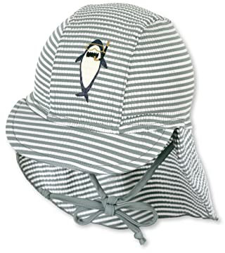 Sterntaler Schirmmütze Hai – UV-Schutz 50+ Baby Mütze mit Nackenschutz & Bindeband – Sonnenmütze aus Seersucker mit Hai-Druck – Bademode für Schwimmbad und Strand, mattgrün, Größe 51