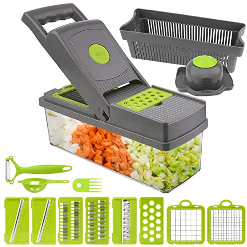 KEWUZY 15 en 1 Cortador de verduras Mandoline, Multifuncional Picador de Verduras con 7 cuchillas ajustables para rebanar, cortar verduras y rallar, con Separador de Huevos, Pelador