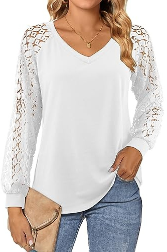 Beluring Blouse for Women Casual Lace Sleeve T-Shirt Plain V Neck Tops White Size 12 14