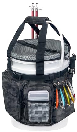 WTVIDAS Fishing Bucket Organizer with Top Cover, Ice Fishing Tackle Bag with Rod & Plier Holder, Multi-Pockets for 5 Gallon Bucket Fish Gear & Accessories