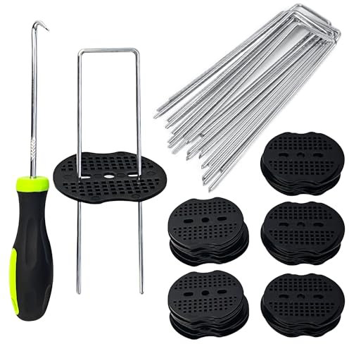 ANSIO Weed Membrane Pegs 50 Pack 6 Inch with Buffer Washers & Pick Hook Garden Staples Ideal for Weed Fabric, Artificial Grass, Matting, Netting, Silver