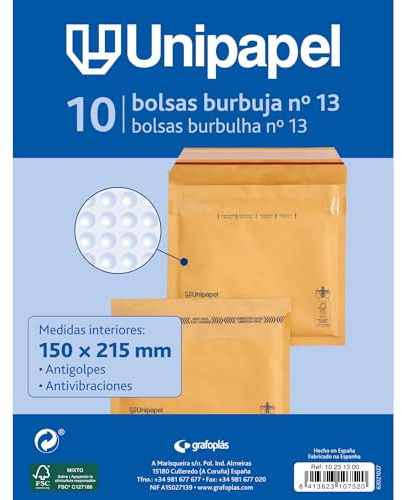 Unipapel - Sobres Acolchados Kraft con Papel de Burbujas Interior, Nº 13 Medidas 150x215mm, Cierre Autoadhesivo, Pack 10 Unidades, Perfecto Para Envios Seguros y Protegidos, Certificado FSC