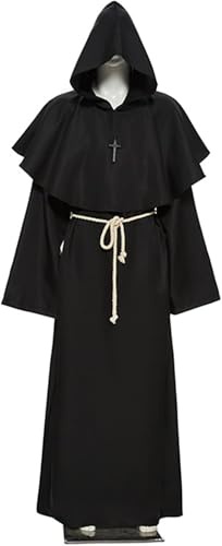 Sunshine Smile Disfraz de Monje de Sacerdote, Túnica de Monje de Halloween, Traje de Monje, Disfraz de Monje Medieval con Colgante de Cruz y Cinturón, Talla L, Negro, Unisex-Adultos