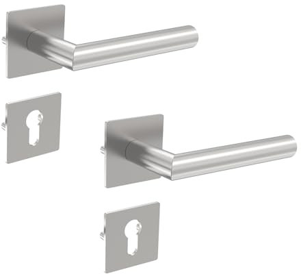 KARATINTL Tirador de puerta con rosetas cuadradas BB para puertas interiores, juego de manilla de puerta de acero inoxidable para puertas de habitaciones DIN (KT1004-PZ)