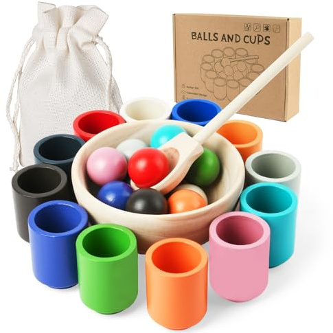 Vicloon Jeu de Tri Montessori en Bois pour Enfant 3 Ans et Plus, Jouet en Bois Balles dans des Tasses, pour Le tri des Couleurs et Le Comptage, Bebe Empiler et de tri Jouet, 12 Balles
