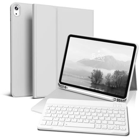 GKABXY Hülle mit Tastatur für iPad Air 11 Zoll 2025 2024 (M3/M2), iPad Air 5 4 2022/2020 10,9 Zoll, Soft TPU Rückschale mit Stifthalte, magnetisch Abnehmbare Folio Tastatur hülle, Grau