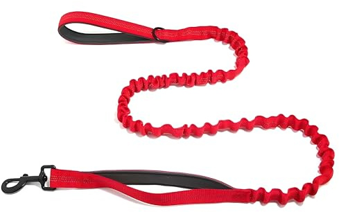 BROUAURPE Bungee Dog Leash with Shock Absorption, Dual Handles for Pull Control, Reflective Nylon, Zinc Alloy Hook, D-Ring for Poop Bags, Red, M