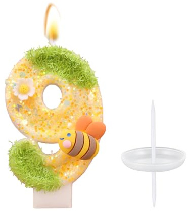 Velas de Cumpleaños de Flores 9, Velas Número con Abeja Para Pastel, Decoraciones de Cumpleaños para Niñas, Velas de Cumpleaños con Purpurina amarilla, Velas de Pastel de Abeja para Decoración