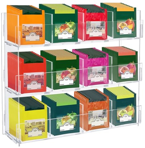 twinklemon Acrylic Tea Bag Organizer 3 Tier Clear Tea Bag Holder & Storage Rack Display Stand Rack for Counter Cabinet Countertop Kitchen Office Holds 200+ Tea Packets