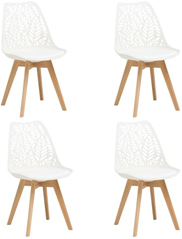 JZGORC Lot de 4 chaises de Salle à Manger de Style Nordique Chaises de Cuisine aux Pieds en Bois Massif,Dossier ajouré et revêtement en Similicuir pour salles à Manger, Cuisines et Salons,Blanc