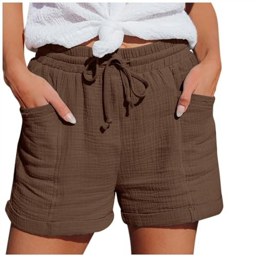 Short Femme, Bermuda Short Femme en Lin Et Coton Ete Shorts Jogging De Plage Leger Chic De Sport Vetement Longueur Grande Taille avec Poches avec Cordon De Serrage pour Vacances Brown, L