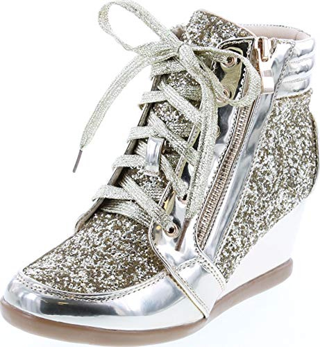 Forever Link Women's Fashion Glitter High Top Lace Up Wedge Sneaker Shoes,Gold,8.5