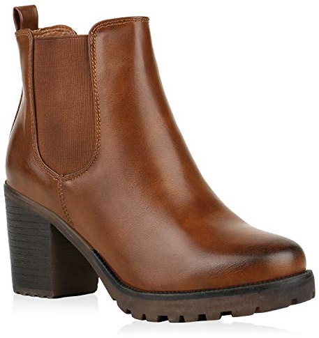 Damen Stiefeletten Blockabsatz Chelsea Boots Profilsohle 165957 Hellbraun Braun Avelar 39 Flandell