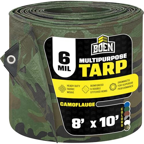 Heavy Duty Tarp Waterproof Large Cover | Camo, 8' x 10' 6 Mil Thick | Rip Proof Tarps | Thick Weave Material, UV Resistant Great for Tarpaulin Canopy Tent, Boat, RV or Pool Cover