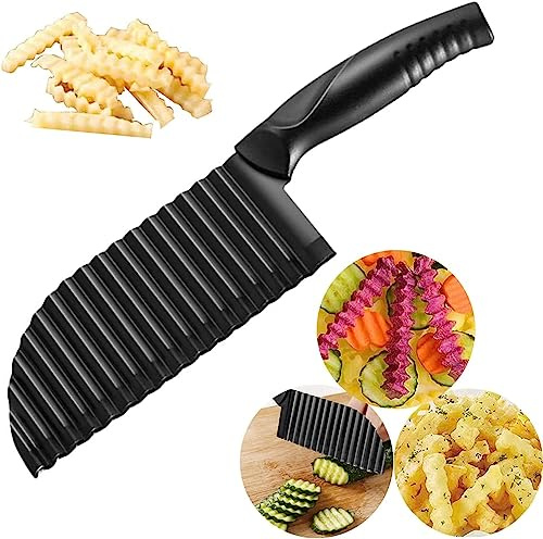 YukaBa Crinkle Potato Cutter 2.9 x 11.8 Stainless Steel Waves French Fries Slicer Handheld Chipper Chopper, Vegetable Salad Chopping Knife Home Kitchen Wavy Blade Cutting Tool, Black (1 Pack)