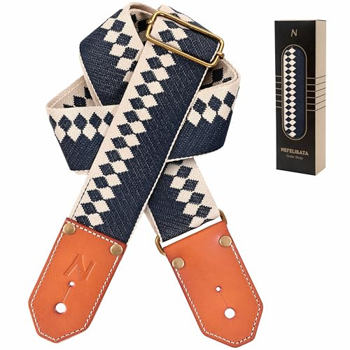 Correa de guitarra tejida fresca, correas de guitarra de algodón con primera capa gruesa de cuero vacuno curtido vegetal para acústica, bajo, eléctrico, el mejor regalo para tus guitarristas queridos