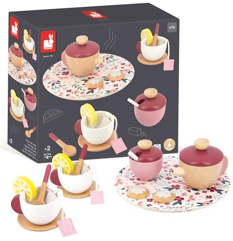JANOD - Twist Tee-Spielset - 16 Zubehörteile aus Holz und Filz - Rollenspiel - Teeservice für Kinder - Spielzeug aus FSC-Holz - Ab 2 Jahren, J06631, Rosa/Bordeaux