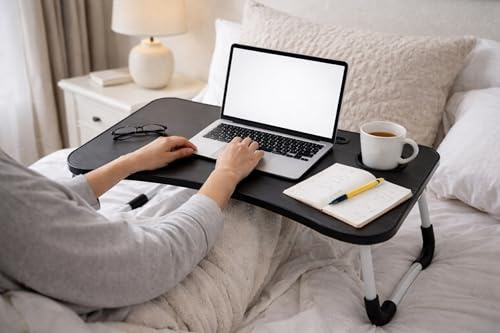 Vassoio da letto, tavolino da portata con piedi, tavolo pieghevole per computer portatile, portabicchieri