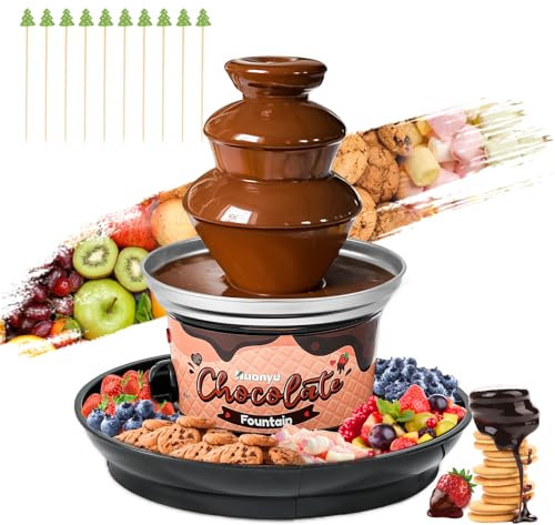Huanyu Huanyu 3-Tier Mini Schokoladenbrunnen Maschine 10 Bambus-Spieße abnehmbare Tablett 450g Schokolade Fondue-Brunnen für Party Geburtstag Hochzeit Schokolade Nacho Käse BBQ-Sauce Liköre (Schwarz)