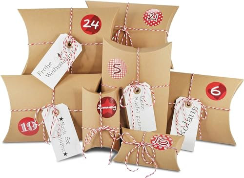Frau WunderVoll® DIY Adventskalender zum Befüllen HoHoHo Kraftpapier/Vintage/natur - Ziffern rot/Weihnachtskalender Bastelset Weihnachten,Schachteln,Kissenschachteln, Pillowbox