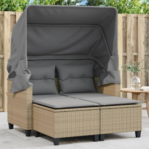 ZEYUAN Gartensofa 2-Sitzer mit Dach und Hockern Beige Poly Rattan, Gartenlounge, Garden Sofa, Balkonmöbel, Gartenmöbel, Loungemöbel - 365785