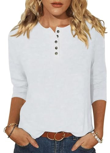 2025 Fashion Womens Long Sleeve Tops Ladies Lightweight Jumpers Crew Neck Long Sleeve T Shirts Ladies 3 4 T Shirts Blouse Womens Clothing Fashion Henley White