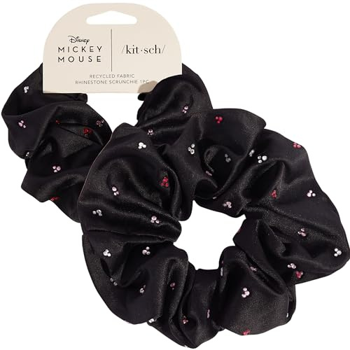 Kitsch & Mickey/Minnie Fabric Rhinestone Scrunchies for Women, Hair Scrunchies for All Hair Types, Recycled Polyester, Perfect for Updo or Half Up Ponytail | Ideal Gifts for Women (Black) - 1 Piece
