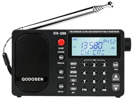 QODOSEN DX-286 Portable Shortwave Radio FM Stereo/AM/LW/SW, Ultra High Sensitivity Full Band Radio with TEF6686 Chip, LCD Display RDS Alarm Clock and 18650 Rechargeable Battery (Black)