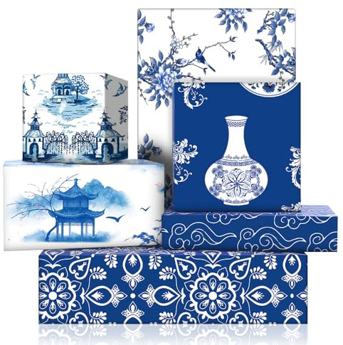 6 feuilles de papier d'emballage cadeau en porcelaine bleu et blanc, éléments de Chine, paysage chinois oriental, pivoine, papier d'emballage plié pour Noël, baby shower, mariage, 20 x 28 pouces