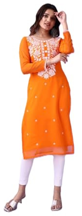 Estationeryhouse Georgette Lucknowi Chikankari Kurti pour femme, motif rose avec broderie lourde, sans bas