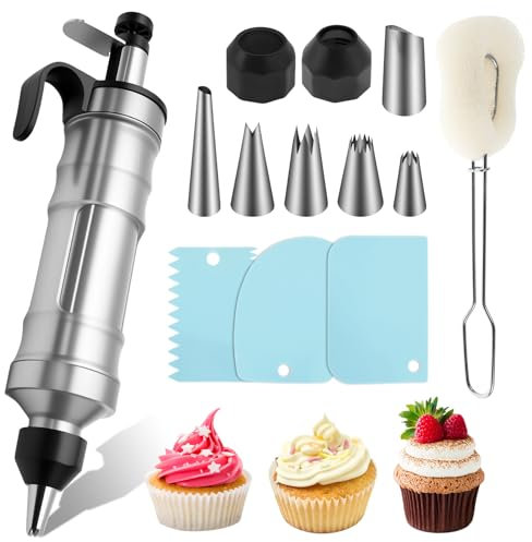 Fyeme Lot de 13 seringues à garnir en acier inoxydable avec 6 douilles, 3 grattoirs - Seringues à pâtisserie avec brosse - Seringue à confiture réutilisable pour beignets pour préparer des desserts et