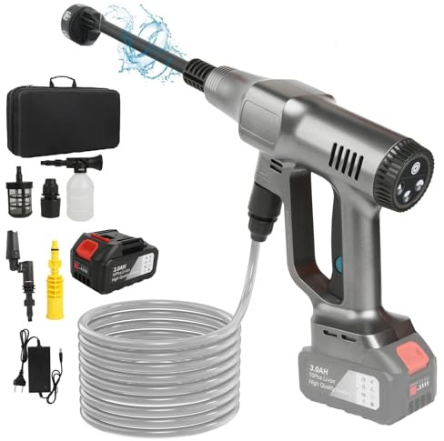 Batterihögtryckstvätt 21 V max 200 bar, högtryckstvätt med 3,0 Ah batteri, tryck och ren tvättpistol med 3-växlad effekt LCD-skärm (silver med 1 batteri)